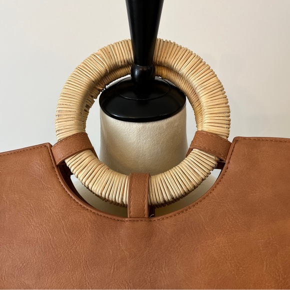 Women’s shoulder bag straw brown tan round handle cinch close universal thread - Picture 7 of 11